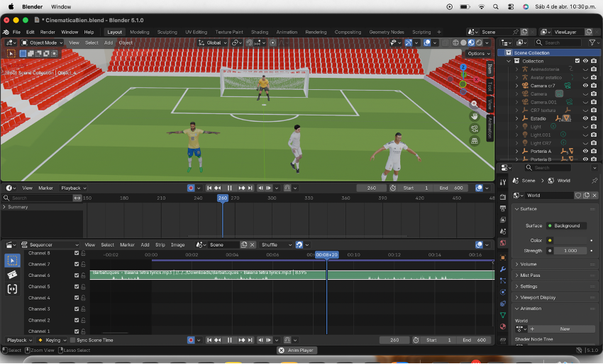 Audio de la cinemática importado en el Video Sequencer de Blender la música es esencial para darle emoción a cualquier cinemática 3D de fútbol en Blender.