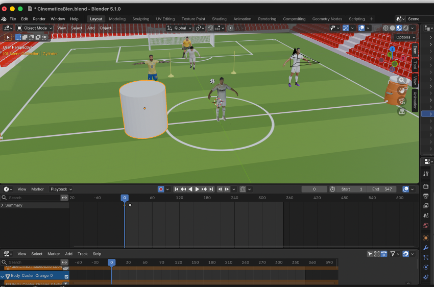 Cilindro ajustado como palo de banderín de tiro de esquina en Blender