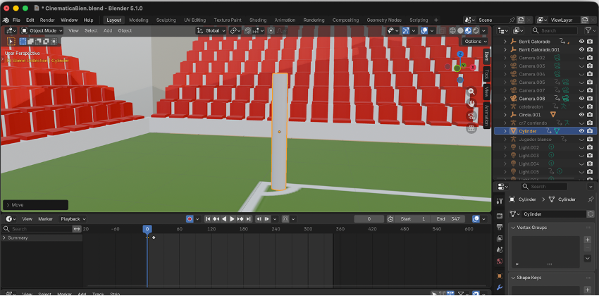 Cilindro ajustado como palo de banderín de tiro de esquina en Blender