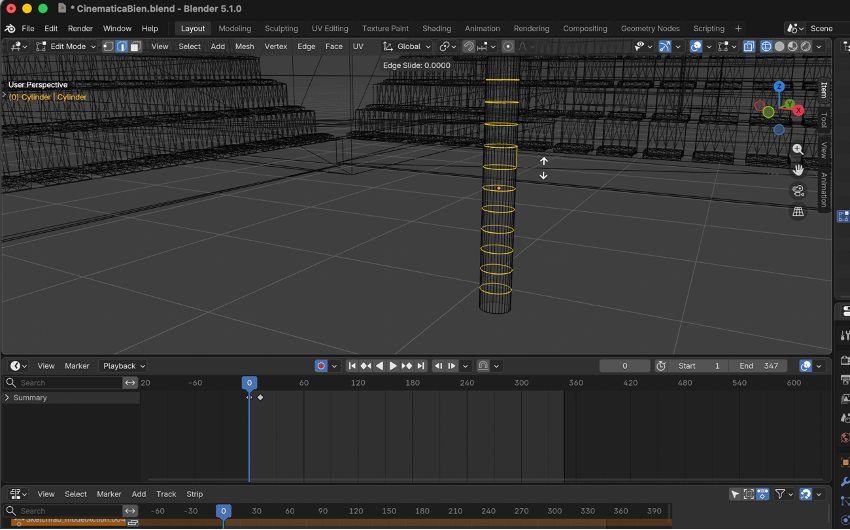 Loop Cuts insertados en el cilindro en Edit Mode con Ctrl R