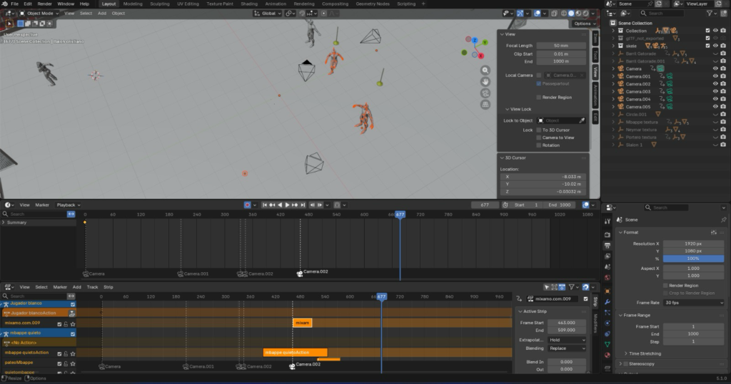 Múltiples cortes y orden de animaciones configurados en el Sequencer