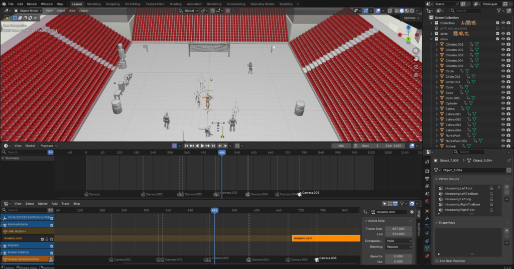 Cinemática 3D de fútbol en Blender organización de cámaras en el Sequencer