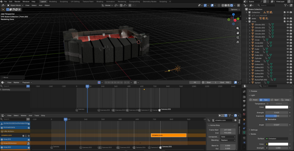 Iluminación del estadio ajustada y cámaras posicionadas para el render la iluminación marca la diferencia en el resultado final de una cinemática 3D de fútbol en Blender.