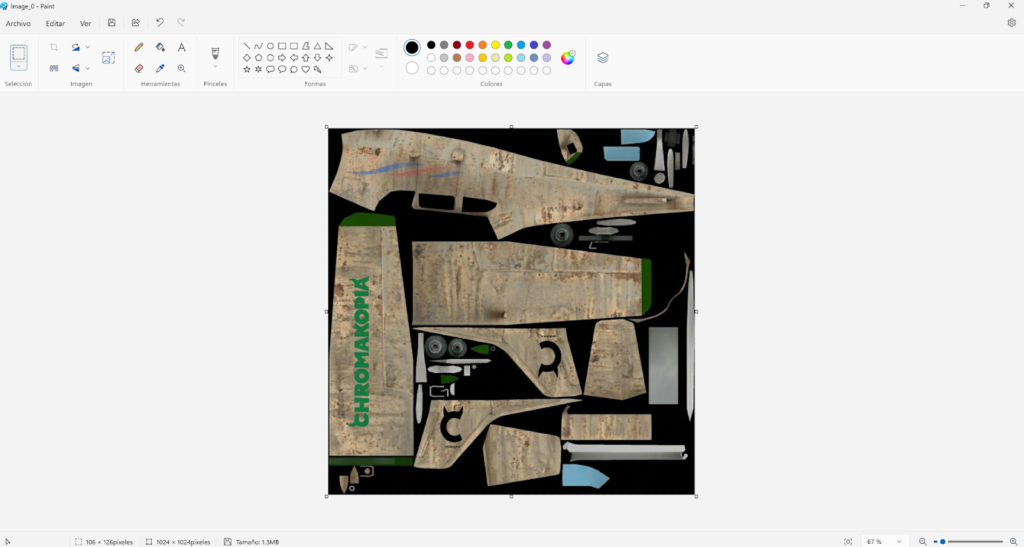 Edición de texturas de un modelo de avión descargado de Sketchfab mediante Microsoft Paint para adaptarlo a la estética del proyecto