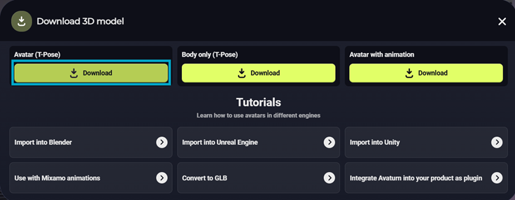 Creación de cinemática: Descarga de personaje Avaturn