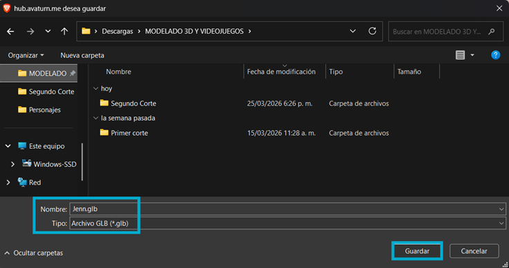 Creación de cinemática: Guardar descarga de Avaturn en el Explorador de Archivos
