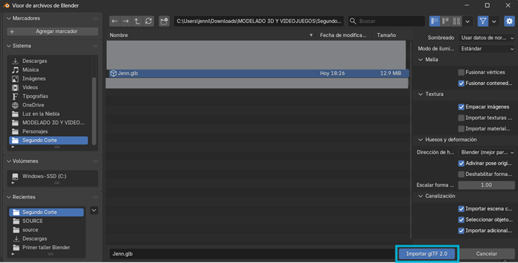 Creación de cinemática: Selección de archivo .glb a importar