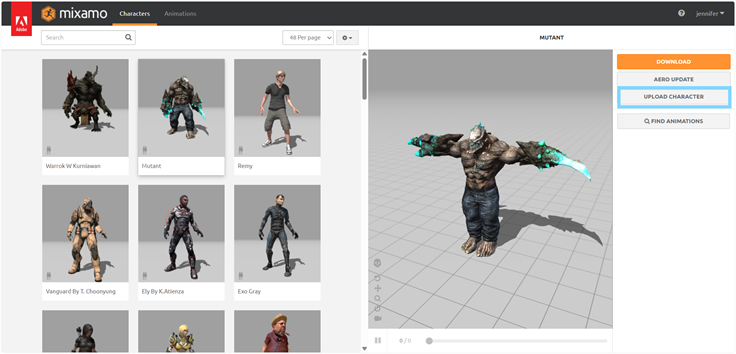 Creación de cinemática: Carga de personaje a Mixamo