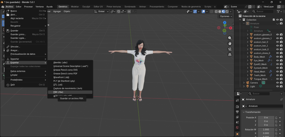 Creación de cinemática: Exportación del Avatar en formato FBX