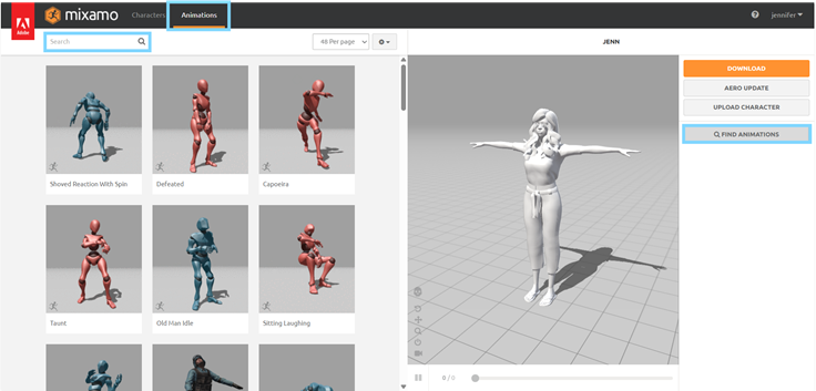 Creación de cinemática: Búsqueda de animaciones para el Avatar