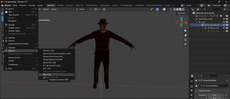 Creación de cinemática: Exportación de modelo en formato FBX