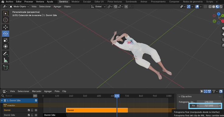 Creación de cinemática: Ajuste de longitud del clip de animación