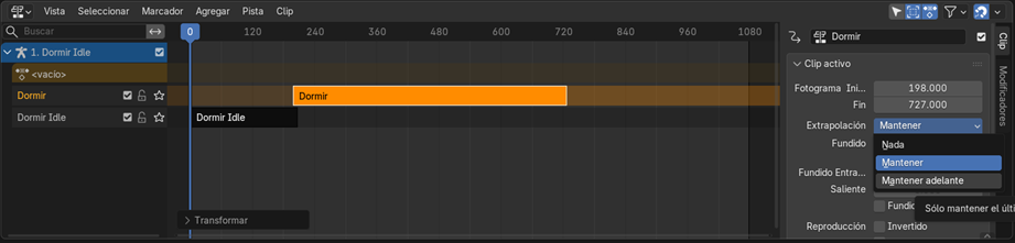 Creación de cinemática: Cambio de la propiedad de extrapolación a clip de animación