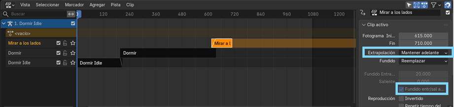 Creación de cinemática: Cambio de extrapolación a "Mantener hacia adelante" y Selección de la herramienta de Fundido