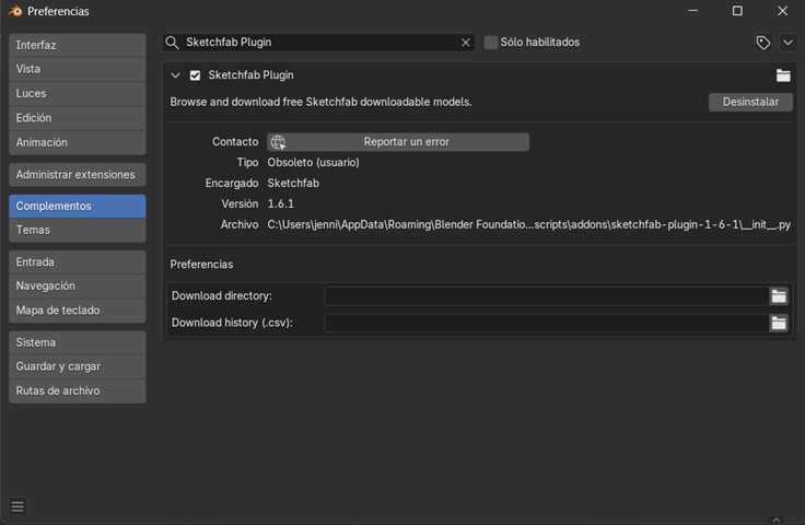 Creación de cinemática: Visualización del complemento Sketchfab instalado en Blender