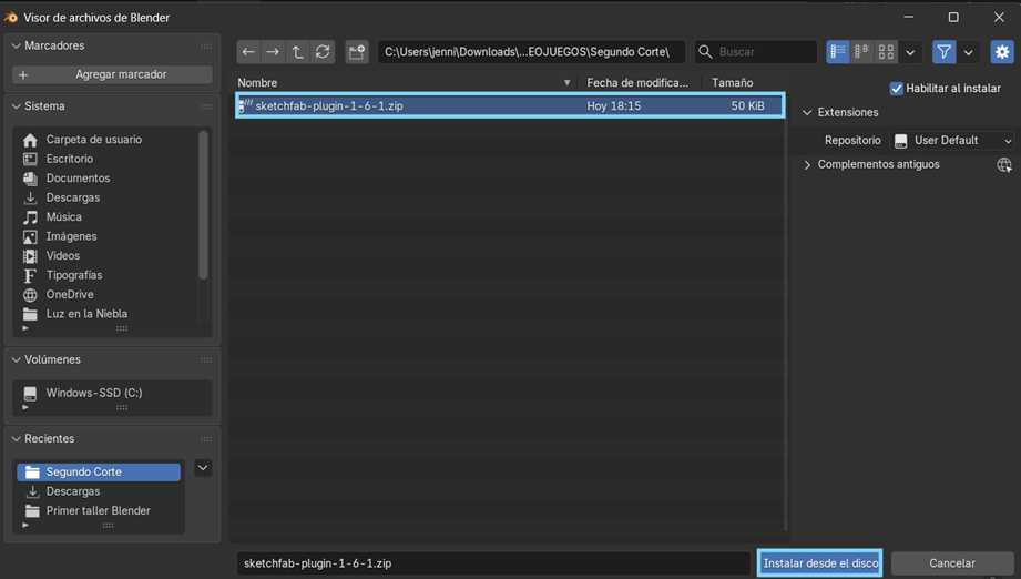 Creación de cinemática: Selección del complemento a instalar