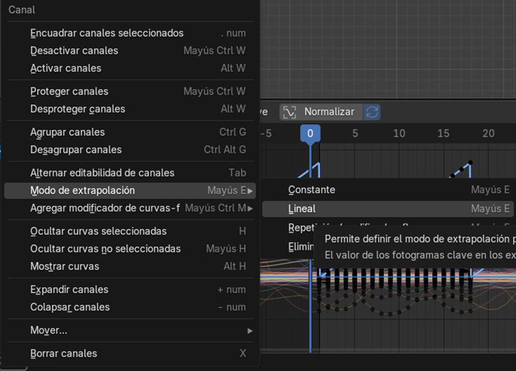 Creación de cinemática: Ajuste del modo de extrapolación lineal al hueso "Hips"