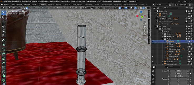 Creación de cinemática: Modelado de barandas de la escalera con procesos de extrusión y escalado
