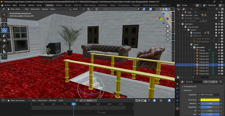 Creación de cinemática: Aplicación de textura metálica en la baranda de la escalera