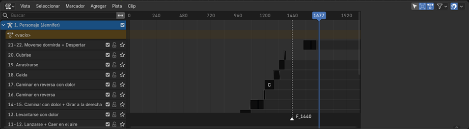 Creación de cinemática: Visualización de todas las animaciones del personaje principal en el NLA