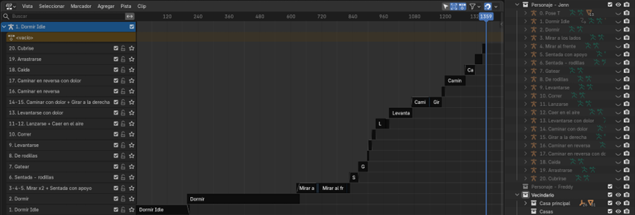 Creación de cinemática: Visualización de todas las animaciones del personaje principal en el NLA