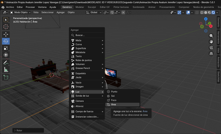 Creación de cinemática: Inserción de Luz tipo Área