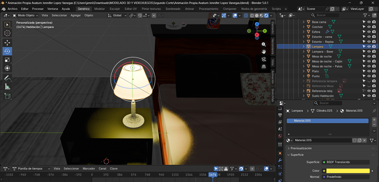 Creación de cinemática: Cambio de la superficie del material del cono de la lámpara a tipo translucido y adición de Luz tipo Área
