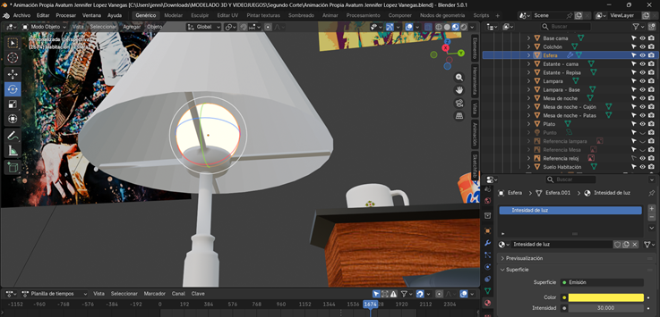 Creación de cinemática: Cambio de la superficie del material de la bombilla a tipo Emisión