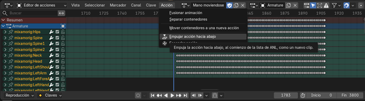 Creación de cinemática: Empuje hacia abajo de la animación para almacenarla en el NLA