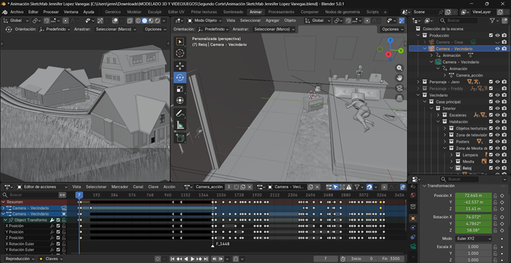 Creación de cinemática: Visualización de la secuencia completa de la cinemática en la Planilla de tiempos