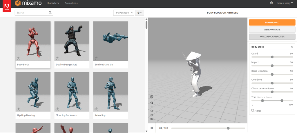 Figura 7 - Aplicación de animación con Mixamo