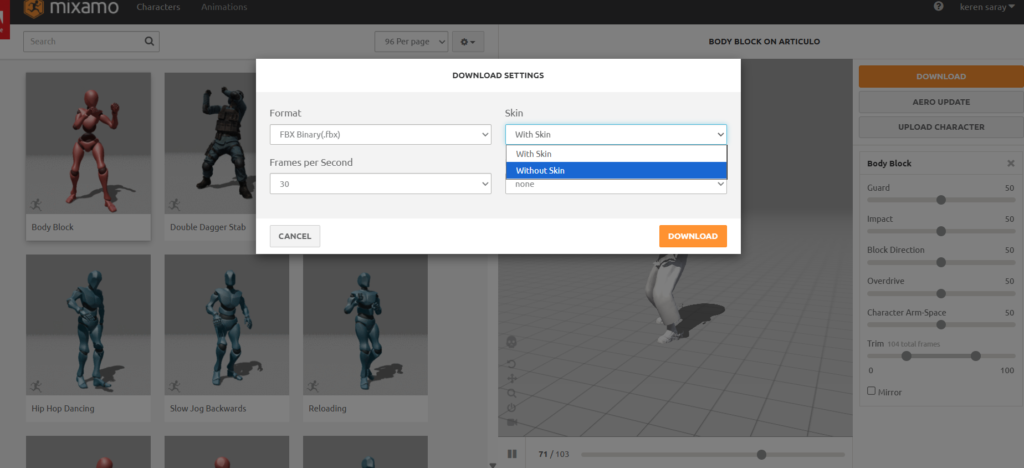 Figura 10 - Descargando animaciones sin esqueleto