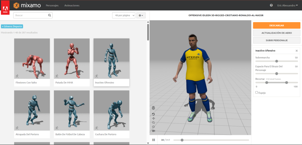 Interfaz de Mixamo procesando el modelo 3D para el rigging automático.