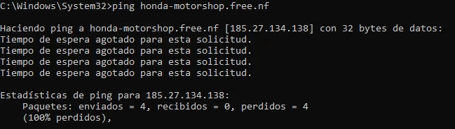 Captura del comando ping ejecutado en CMD mostrando 100% de pérdida de paquetes