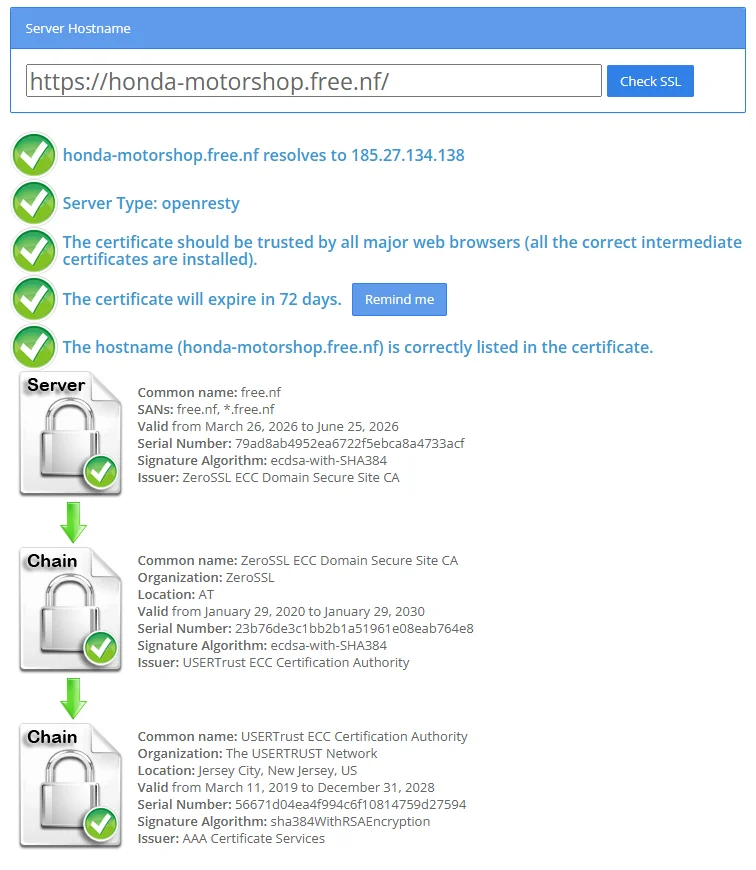Captura de SSL Checker mostrando el certificado válido, la cadena de certificación y la fecha de expiración