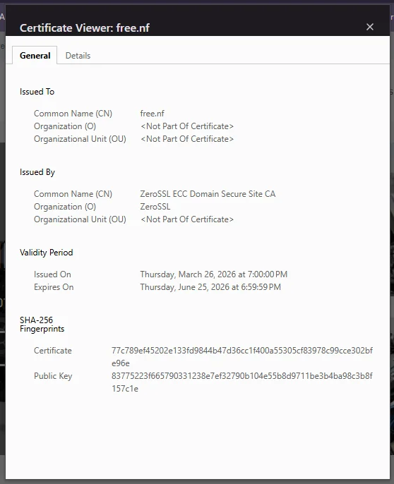 Visor de certificados del navegador mostrando los detalles del certificado emitido por ZeroSSL