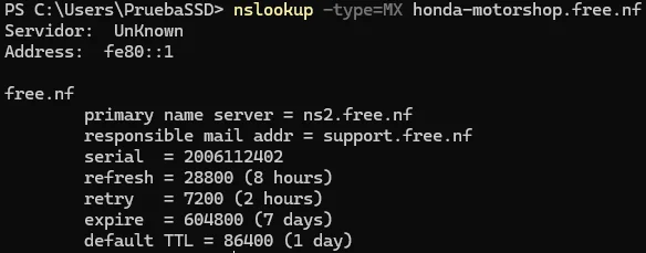 Consulta tipo MX mostrando información del servidor de correo de free.nf