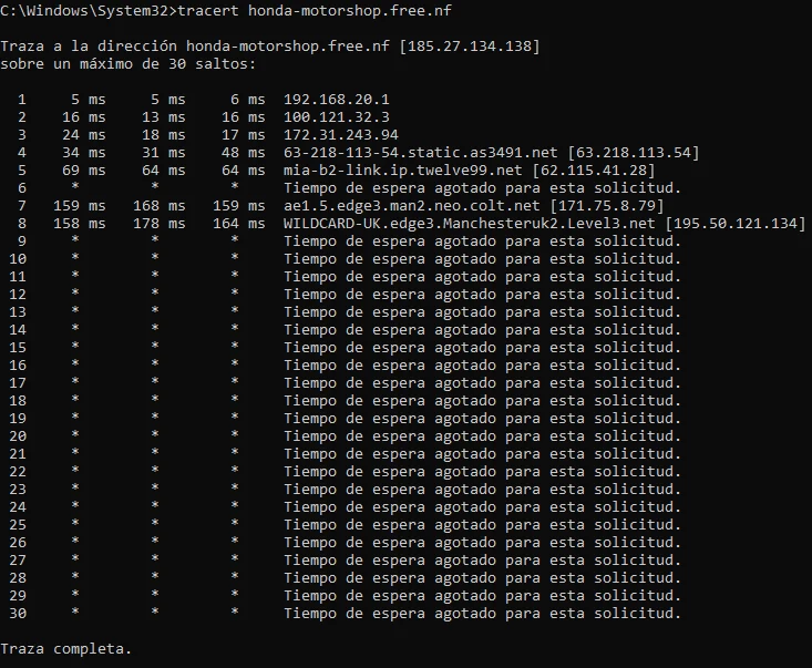 Resultado del comando tracert mostrando los saltos de red desde la red local hasta nodos internacionales