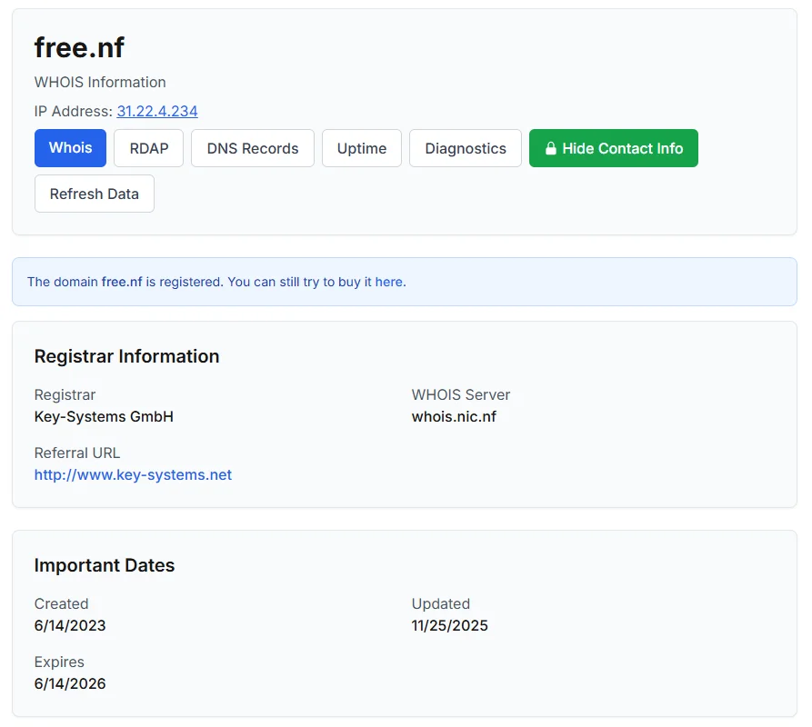 Captura de la página who.is mostrando la información WHOIS del dominio free.nf