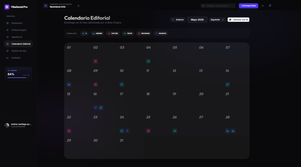 Calendario editorial en Vibesocial Pro