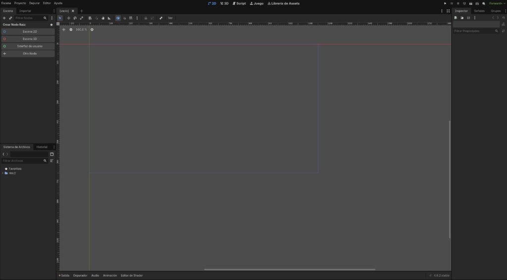Ventana principal de Godot Engine con el proyecto "Knight's Quest" recién creado.