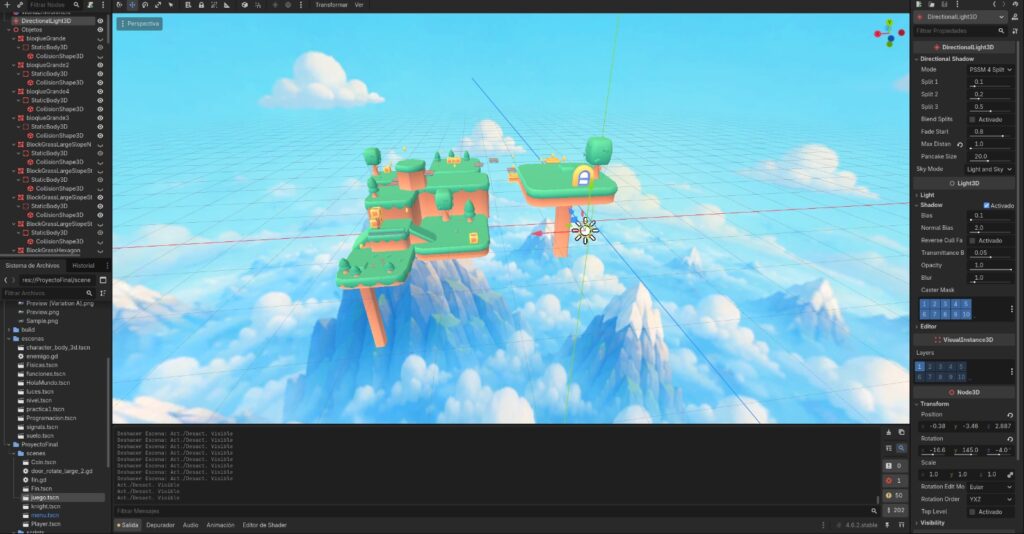 Vista de la escena mostrando la posición de la DirectionalLight3D y las OmniLight3D cerca de las monedas de Knight's Quest