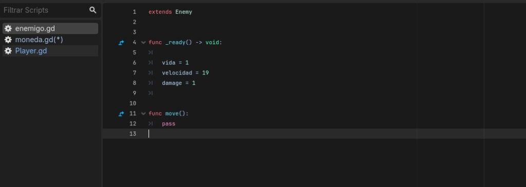 Script de la clase Enemigo mostrando la palabra clave class_name y la función recibir_dano de Knight's Quest
