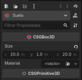 Nodo CSGBox3D configurado como suelo, con dimensiones 20x1x20.
