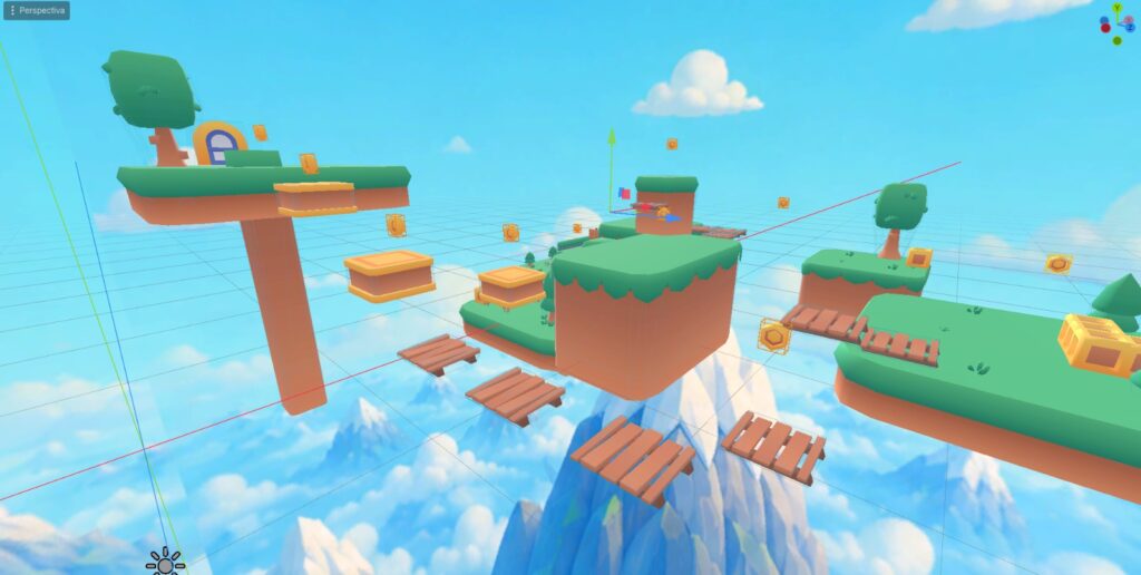 Vista del nivel final mostrando la disposición de las 15 monedas sobre las plataformas flotantes para Knight's Quest