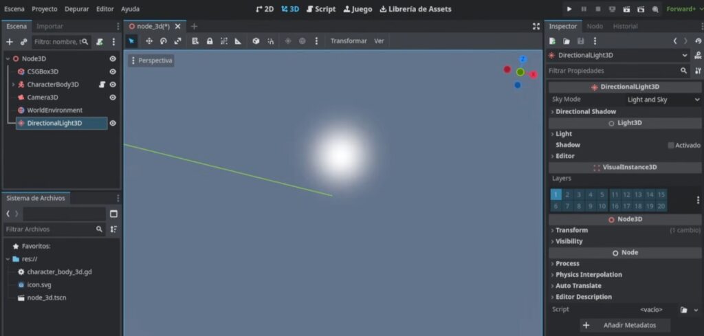 Inspector del nodo WorldEnvironment mostrando la configuración de Sky y Ambient Light en Knight's Quest