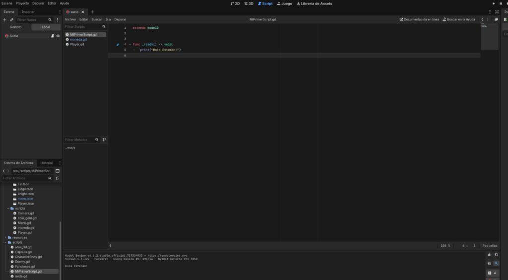 Consola de salida de Godot mostrando el mensaje de verificación.