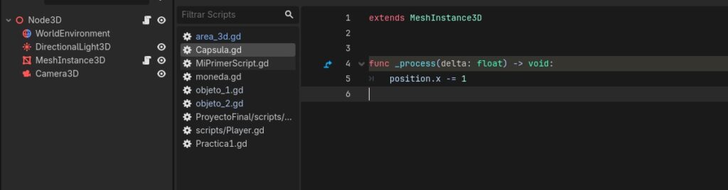 Script aplicado al suelo mostrando la lógica de movimiento con operador +=.