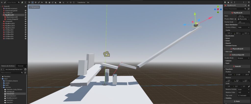 Jerarquía de nodos del RigidBody3D con CollisionShape3D y MeshInstance3D en Knight's Quest