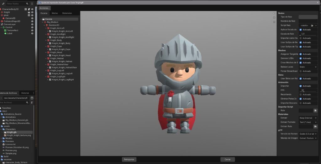 Panel FileSystem mostrando los assets de KayKit importados para Knight's Quest